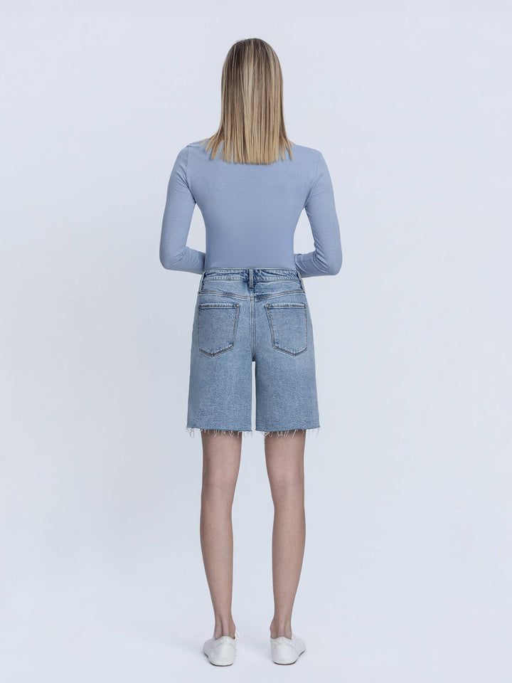 Denim - HIGH RISE RAW HEM DENIM JORTS - - Cultured Cloths Apparel