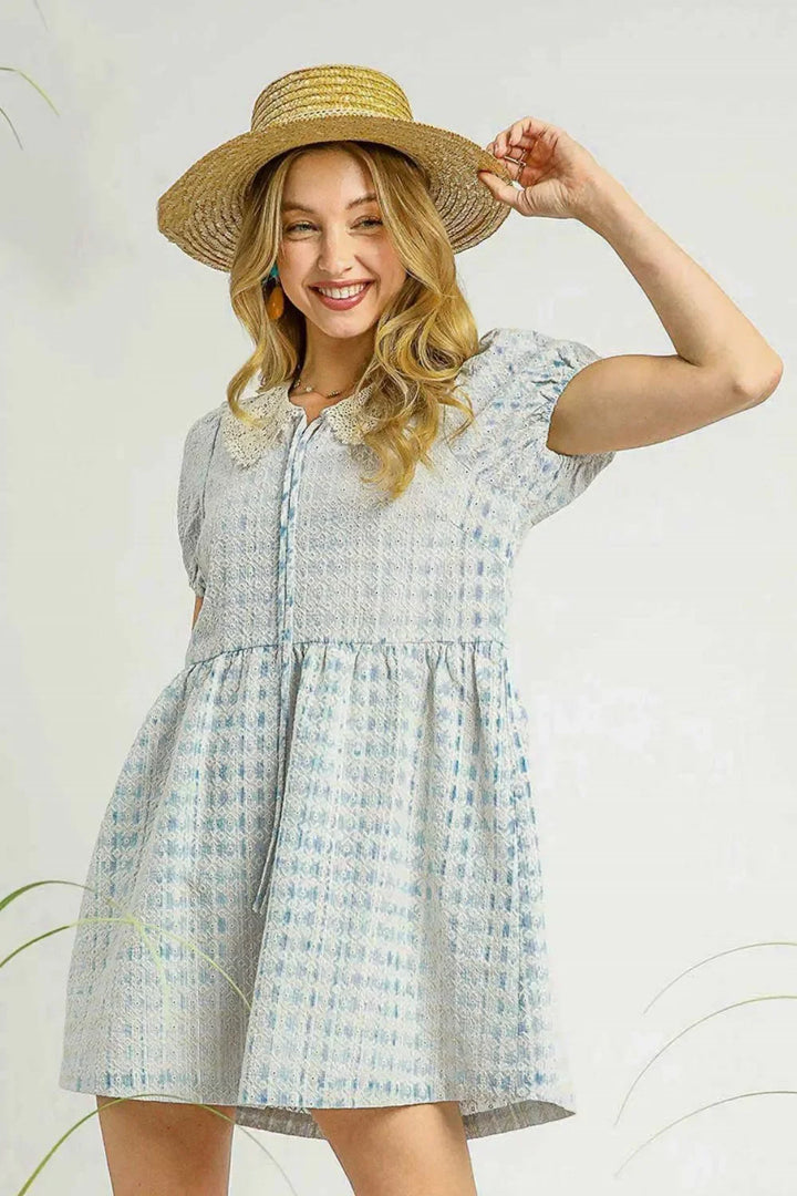 Women's Dresses - Umgee Lace Detail Short Puff Sleeve Mini Dress - Sky Blue - Cultured Cloths Apparel