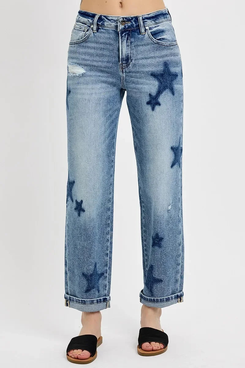 Denim - RISEN Full Size Mid Rise Boyfriend Star Shadow Detail Cuffed Jeans Plus Size - - Cultured Cloths Apparel