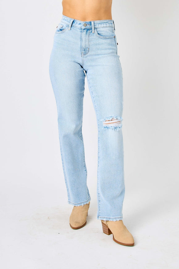 Denim - Judy Blue Full Size High Waist Distressed Straight Jeans - Light - Cultured Cloths Apparel