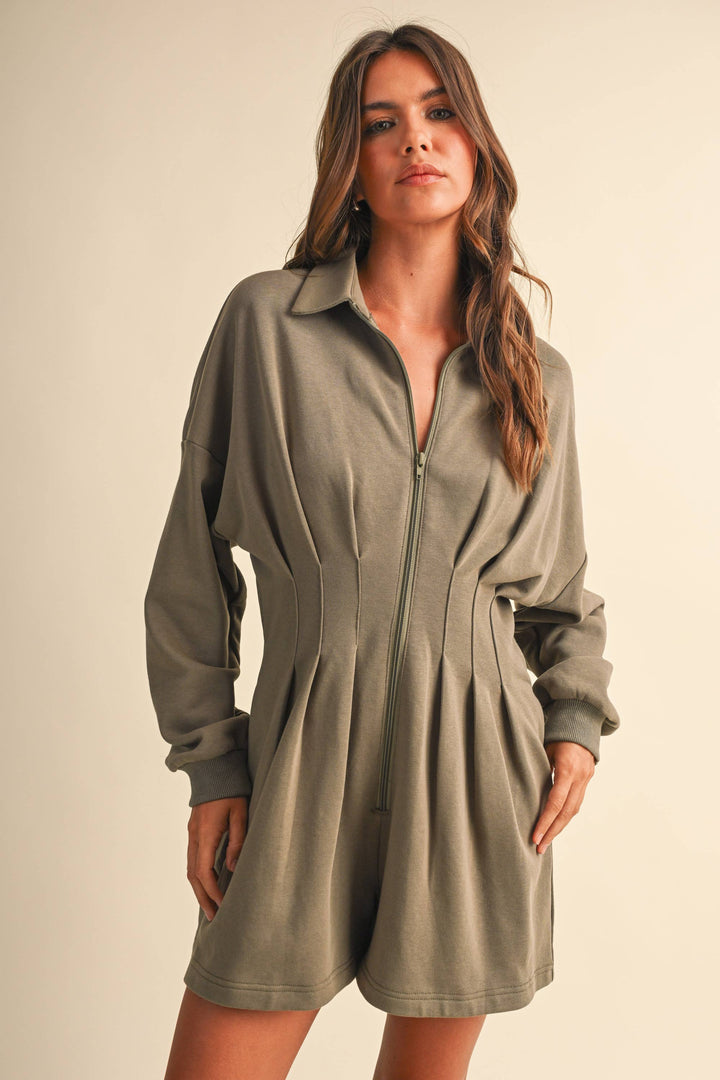 PLEATED WAIST LONG SLEEVE SHIRT COLLAR ROMPER
