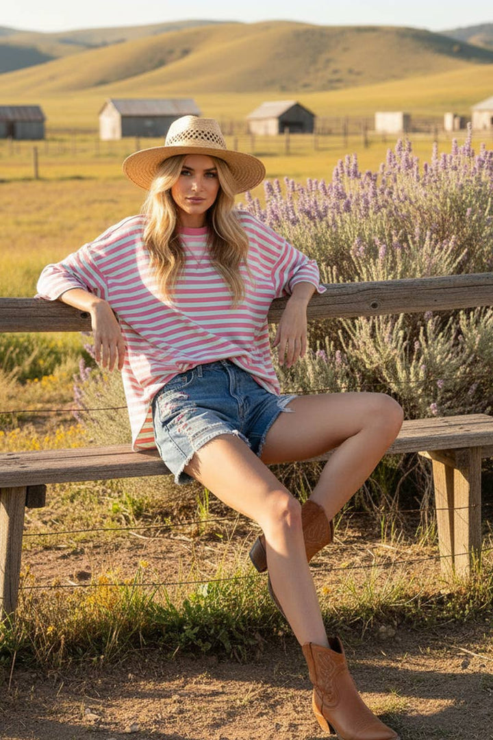 Women's Short Sleeve - STRIPED OVERSIZED SHORT SLEEVE TOP - - Cultured Cloths Apparel
