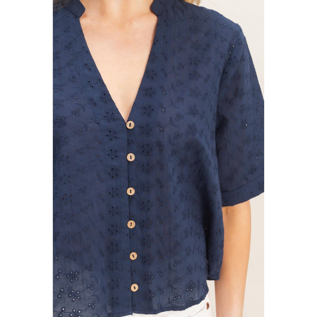 Olive Floral Eyelet Mandarin Collar Top