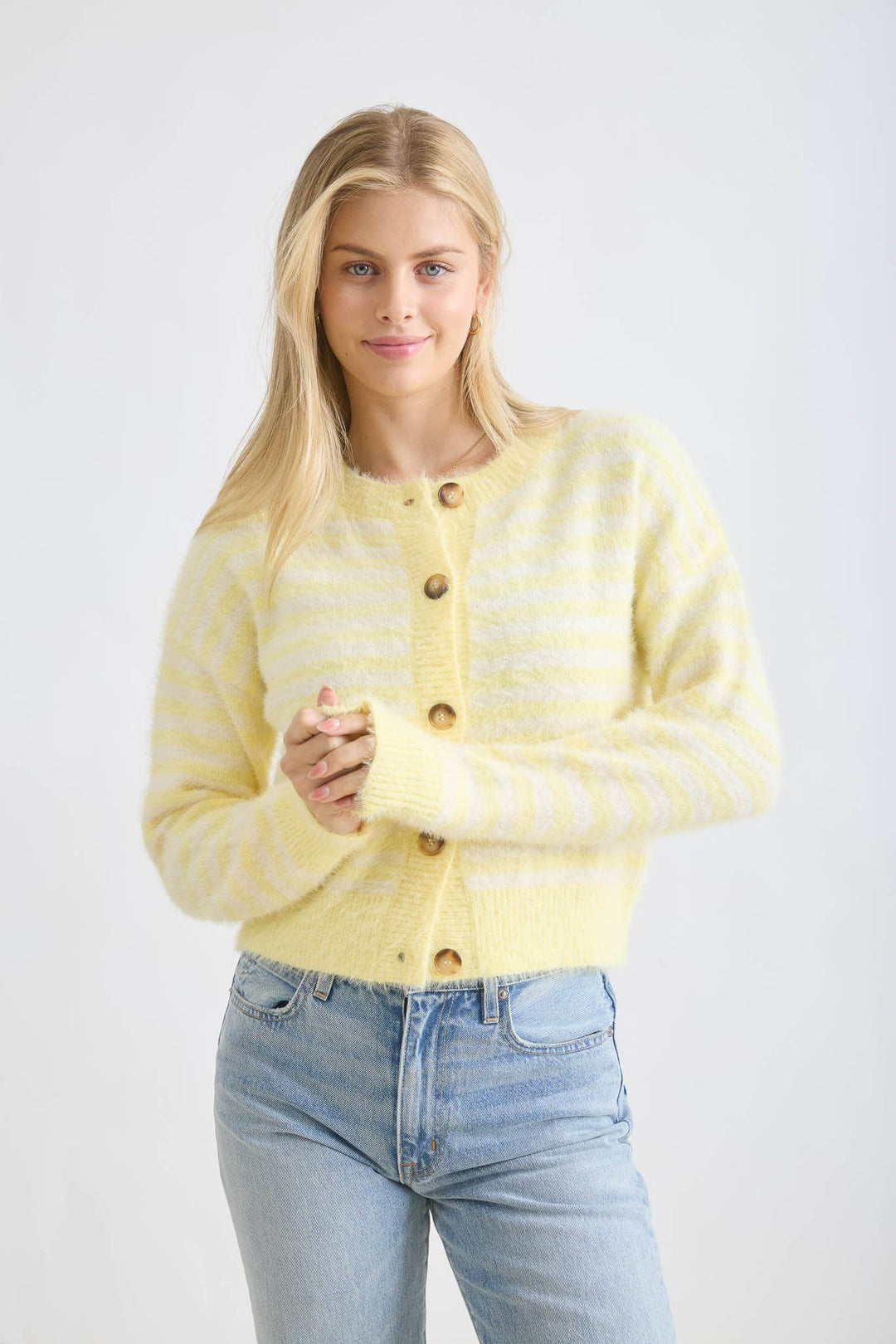 STRIPE ROUND NECK BUTTON DOWN FUZZY KNIT CARDIGAN