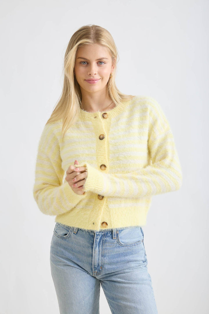 STRIPE ROUND NECK BUTTON DOWN FUZZY KNIT CARDIGAN