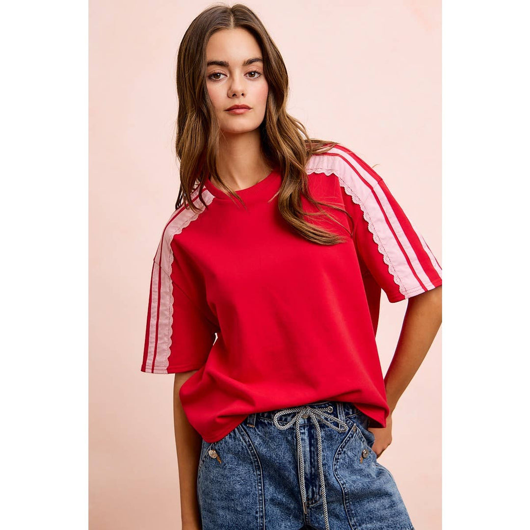 FRENCH TERRY SIDE LACE DETAIL SHORT SLEEVES TOP