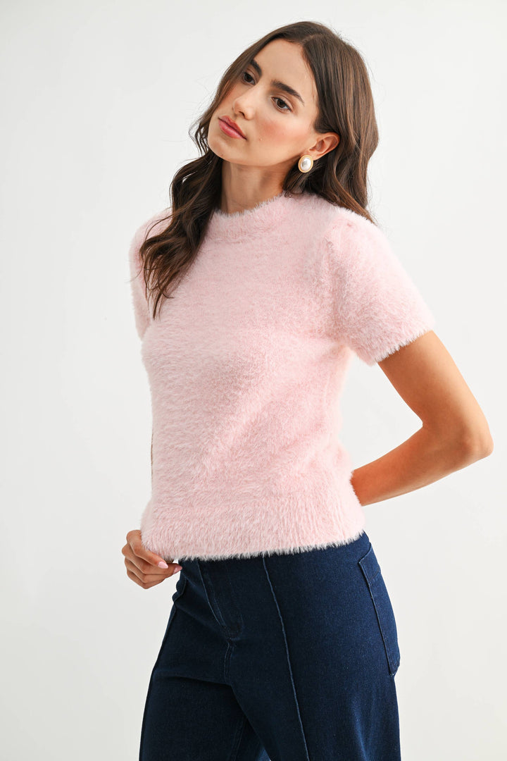 Women's Short Sleeve - Soft Pink Fuzzy Knit Short Sleeve Sweater Top - - Cultured Cloths Apparel