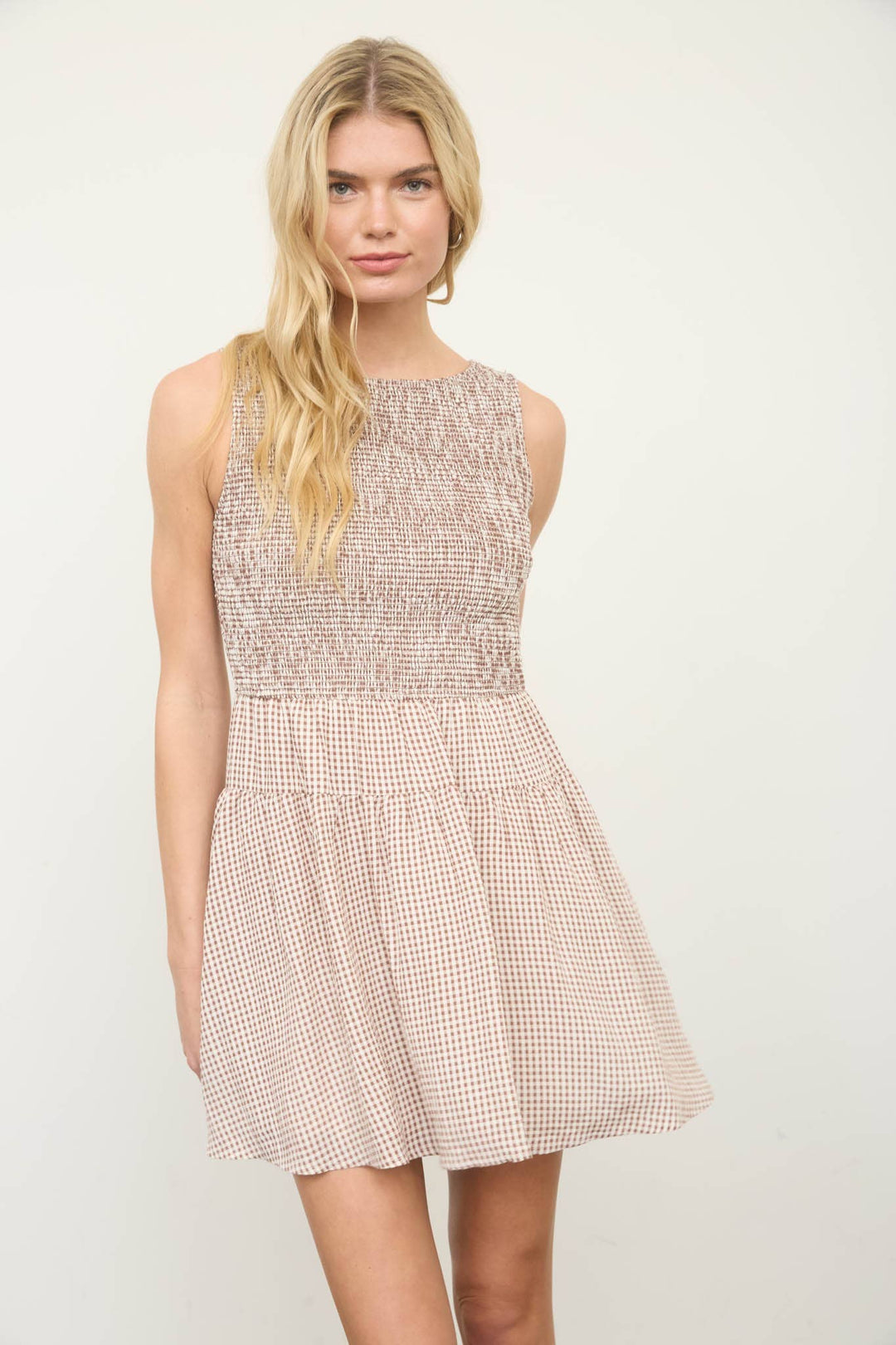 Dresses - GINGHAM SLEEVELESS SMOCKED MINI DRESS - - Cultured Cloths Apparel
