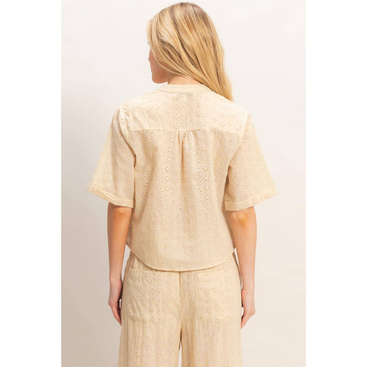 Olive Floral Eyelet Mandarin Collar Top