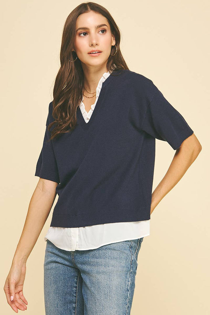 Women's Short Sleeve - MIXED MEDIA LAYERED KNIT TOP - - Cultured Cloths Apparel