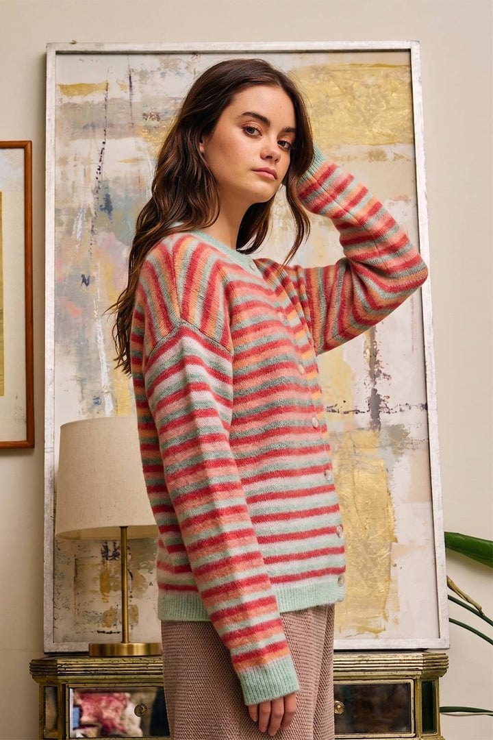 Cardigans - Space-Dye Striped Button-Down Cardigan - - Cultured Cloths Apparel