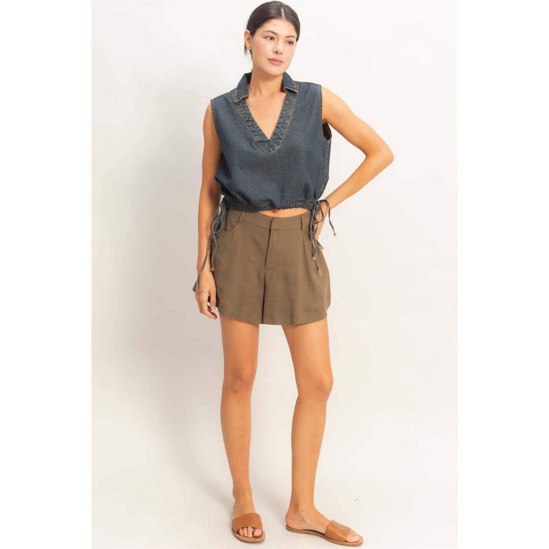 Women's Short Sleeve - Collared V-Neck Drawstring Tank - - Cultured Cloths Apparel