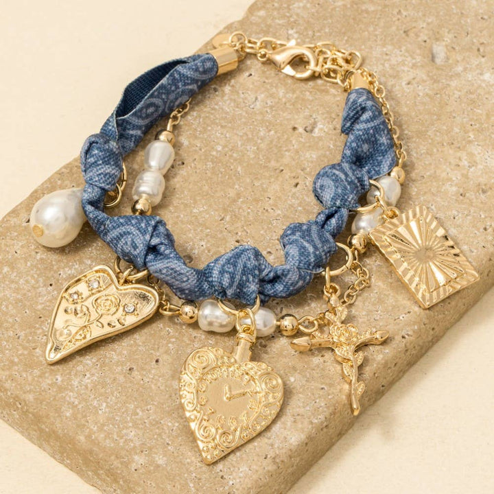 Accessories, Necklaces - Cross Floral Hearts And Pearl Charms Denim Knotted Bracelet - GDMBE - Cultured Cloths Apparel