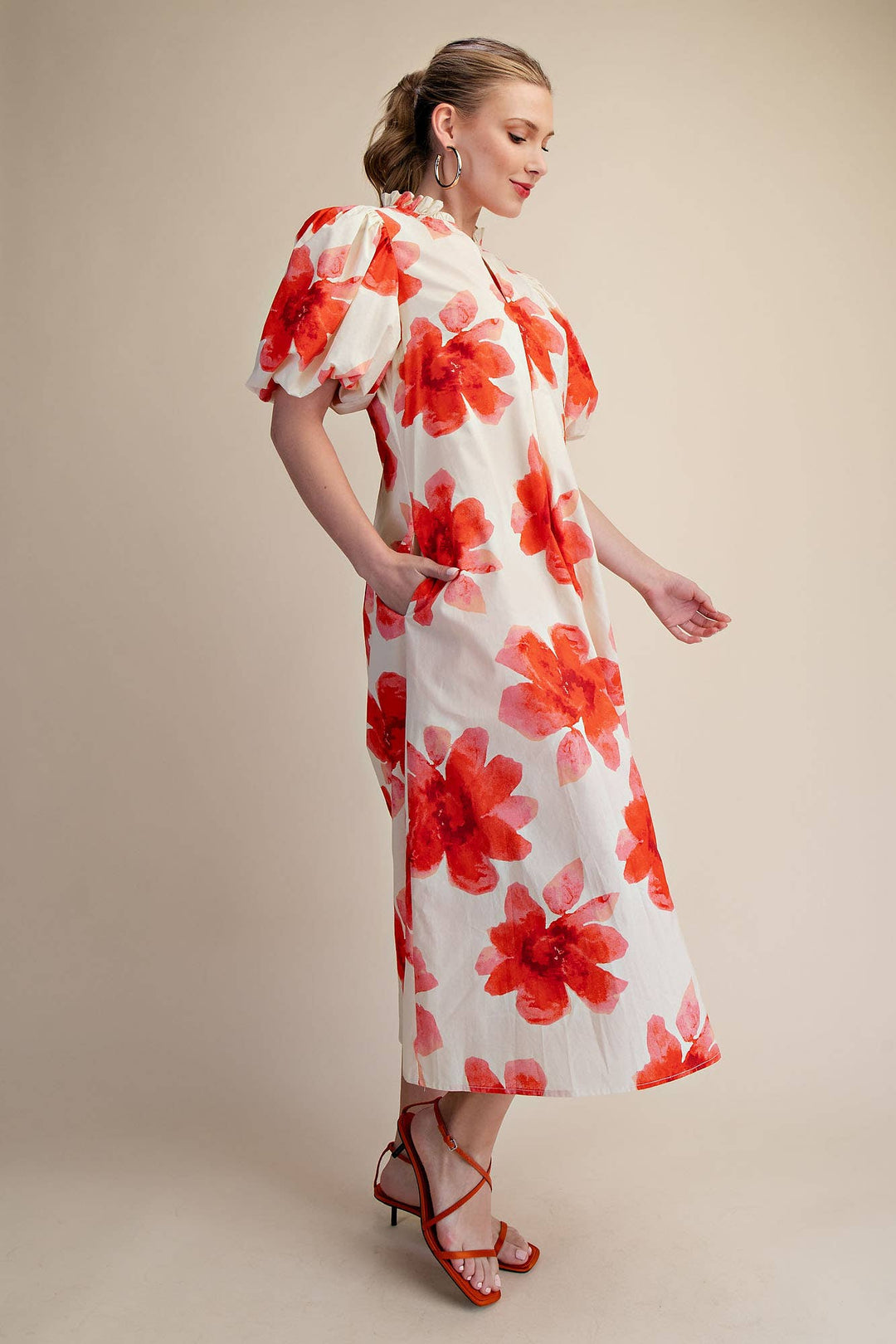Lime Ruffle V-Neck Puff Sleeve Waist Pleated Midi Dress