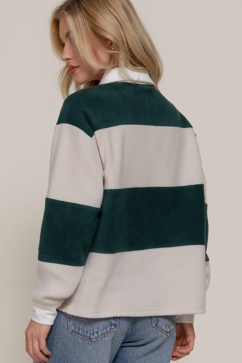 Women's Long Sleeve - Long Sleeve Rugby Stripe Fleece Polo Top - Taupe/Green - Cultured Cloths Apparel