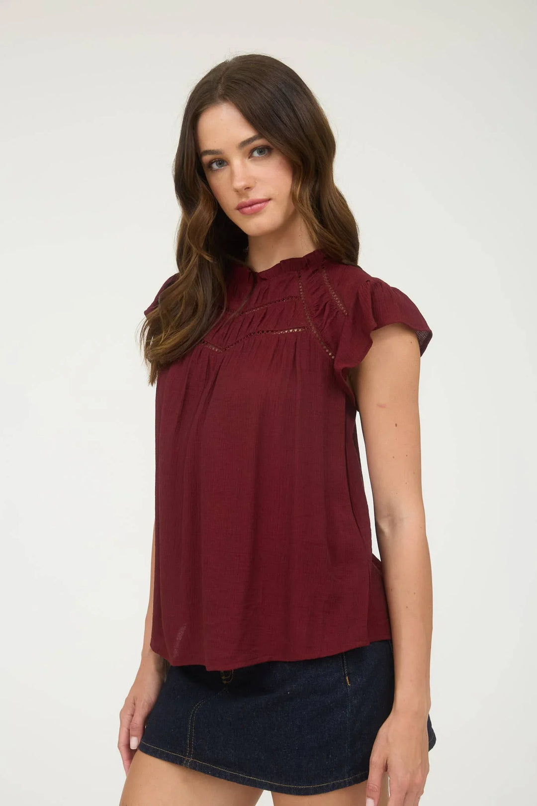 Women's Short Sleeve - LINE LACE TRIM RUFFLE DETAIL SHORT SLEEVE BLOUSE - - Cultured Cloths Apparel