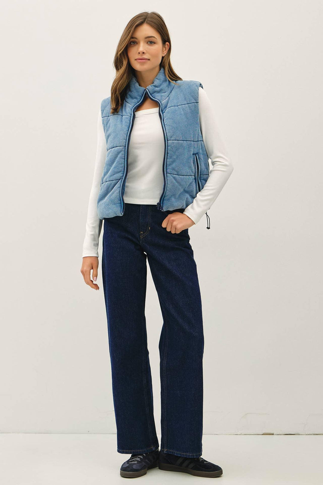 DENIM FEEL VINTAGE WASHING ZIP UP PUFFER VEST