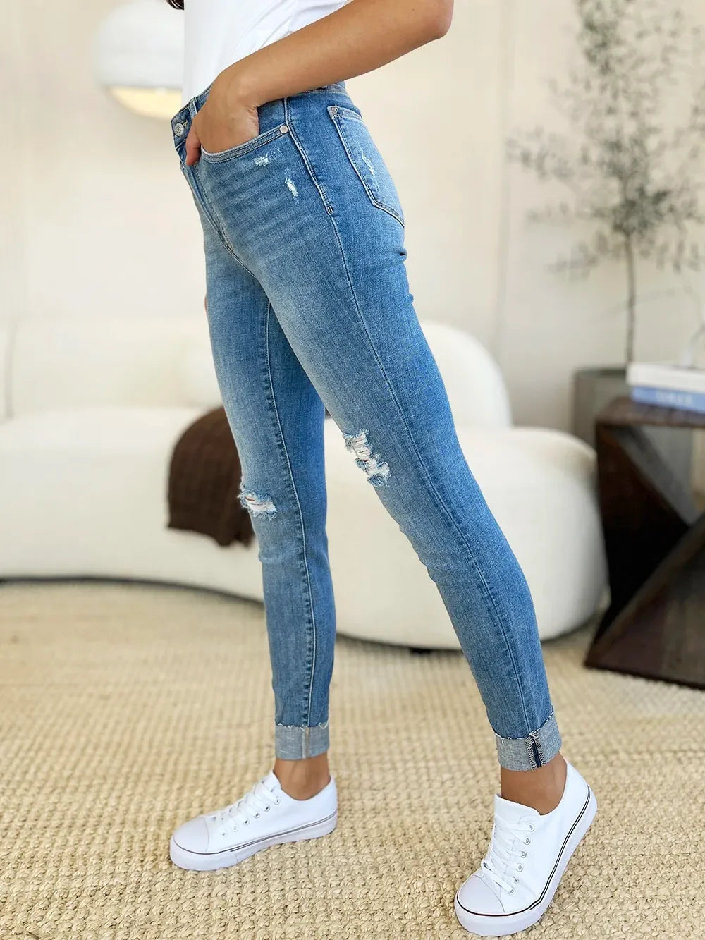 Denim - Judy Blue Full Size Mid Rise Destroy & Cuff Skinny Jeans - - Cultured Cloths Apparel