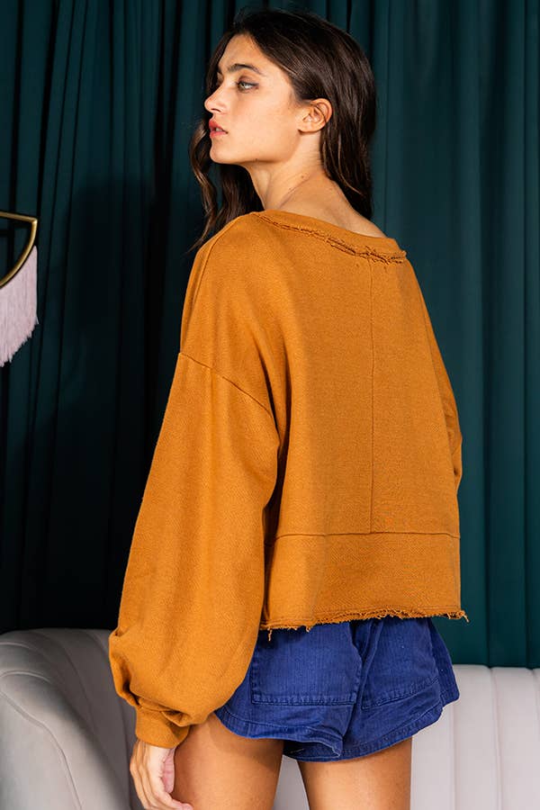 Lantern Sleeve Button-up French Terry Crop Top