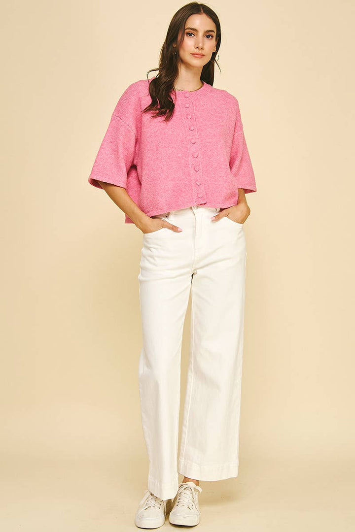 BLUE BUTTON DOWN SHORT SLEEVE SWEATER