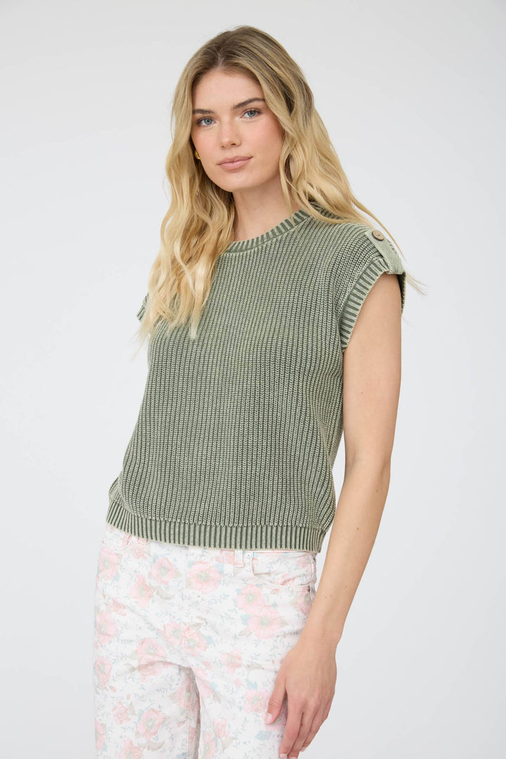 Women's Short Sleeve - ACID WASHED TAB SLEEVE BACK BUTTON KNIT TOP: CHARCOAL - - Cultured Cloths Apparel