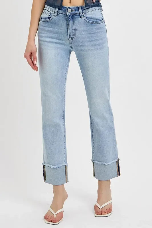 Denim - RISEN High Rise Straight Cuffed Relaxed Jeans - - Cultured Cloths Apparel