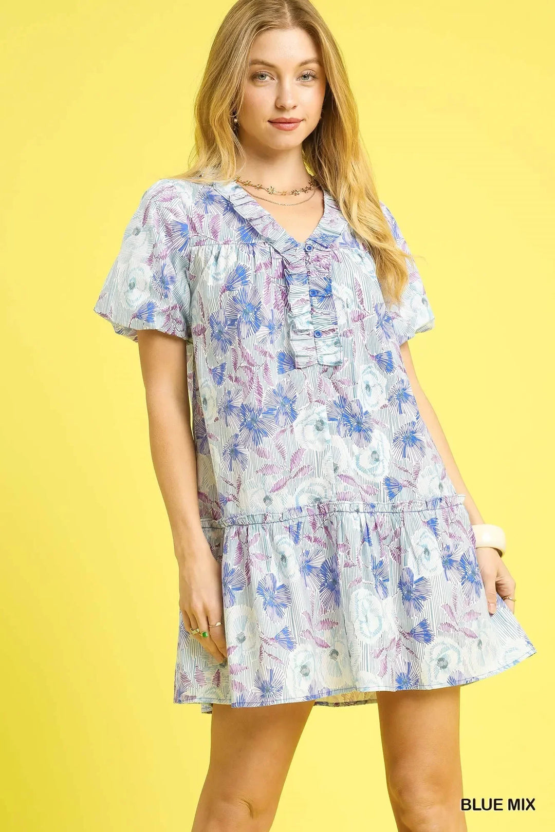 Women's Dresses - Umgee Floral Ruffled Puff Sleeve Mini Dress - BLUE MIX - Cultured Cloths Apparel