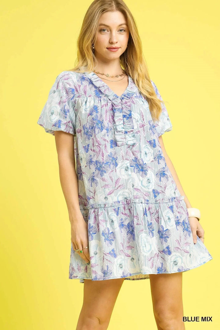 Women's Dresses - Umgee Floral Ruffled Puff Sleeve Mini Dress - BLUE MIX - Cultured Cloths Apparel