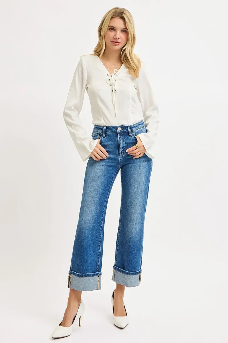 Denim - RISEN Full Size Mid Rise Crop Straight Cuffed Jeans - - Cultured Cloths Apparel