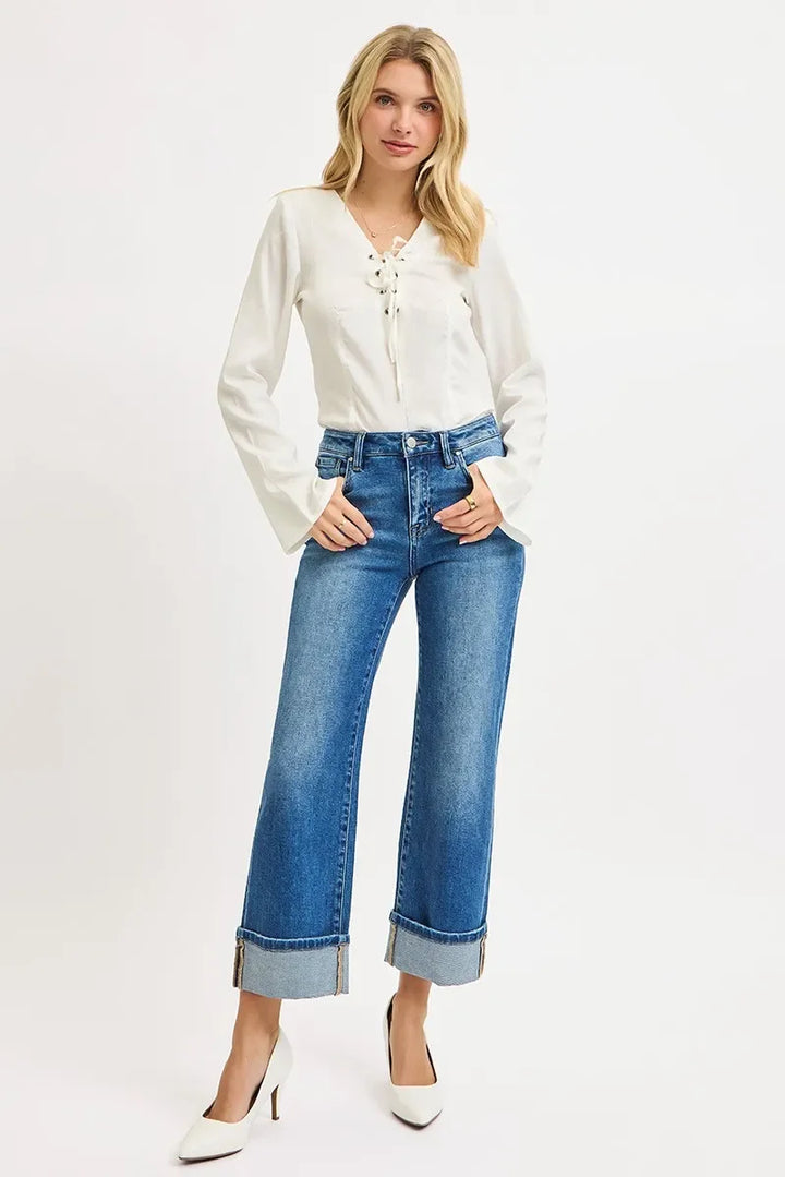 Denim - RISEN Full Size Mid Rise Crop Straight Cuffed Jeans - - Cultured Cloths Apparel