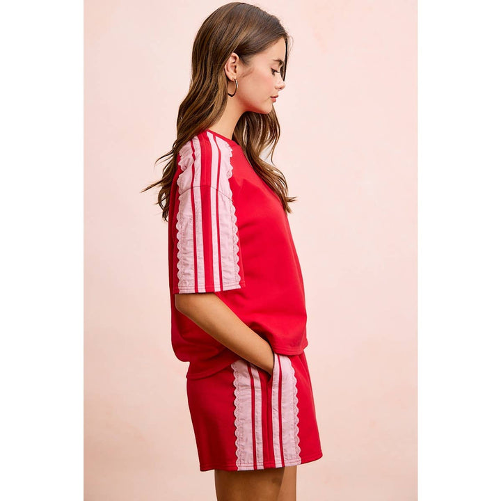 FRENCH TERRY SIDE LACE DETAIL SHORT SLEEVES TOP