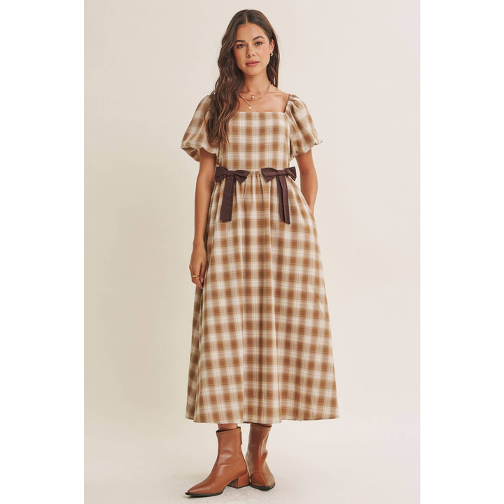 Women's Dresses - GOLDEN FIELD PLAID SMOCKED MIDI DRESS WITH CONTRAST BOW - - Cultured Cloths Apparel