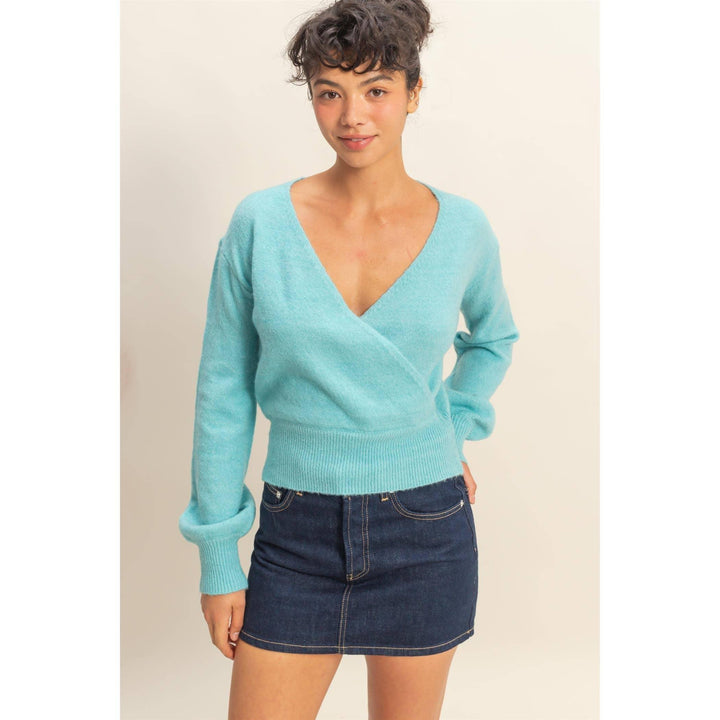 Women's Sweaters - Surplice V Neck Sweater - SKY BLUE - Cultured Cloths Apparel