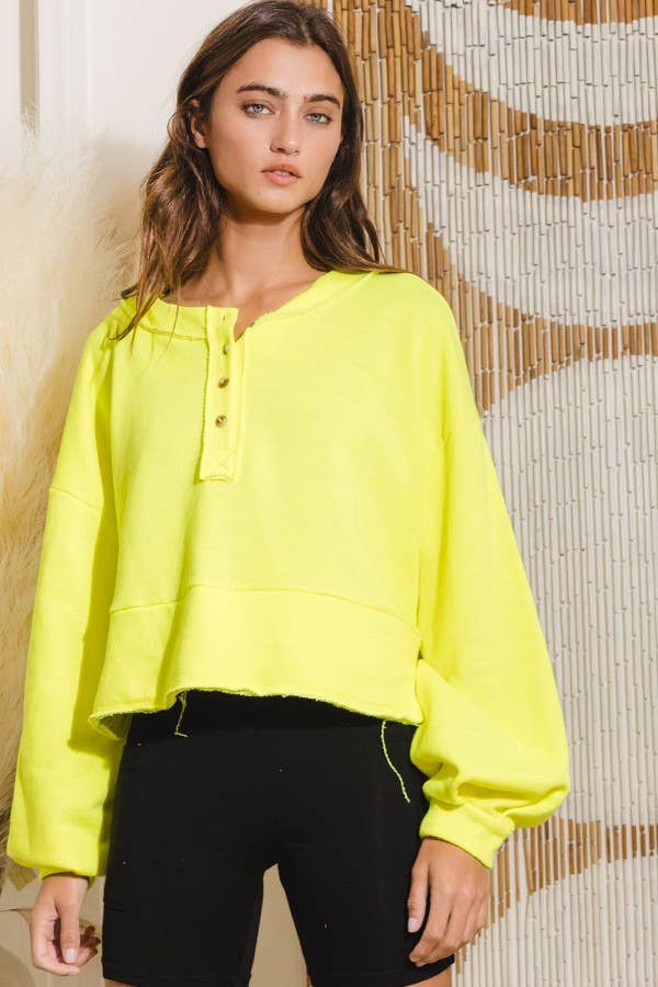 Lantern Sleeve Button-up French Terry Crop Top
