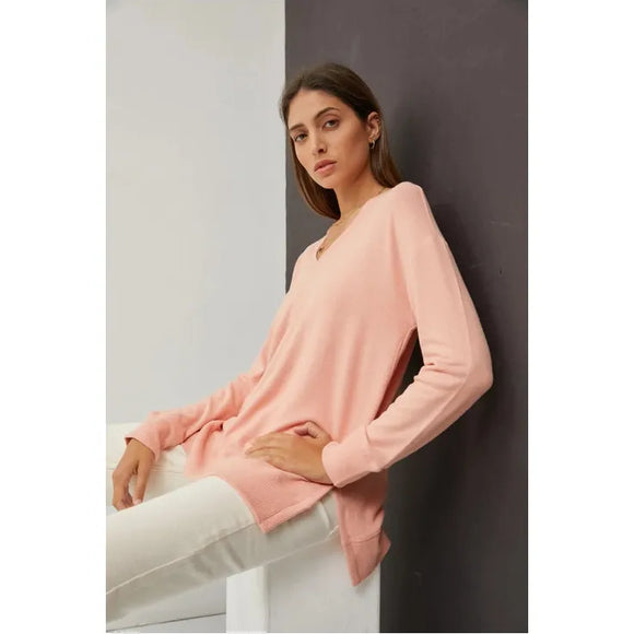Women's Sweaters - V Neck Brushed Hacci Sweater - Apricot - Cultured Cloths Apparel