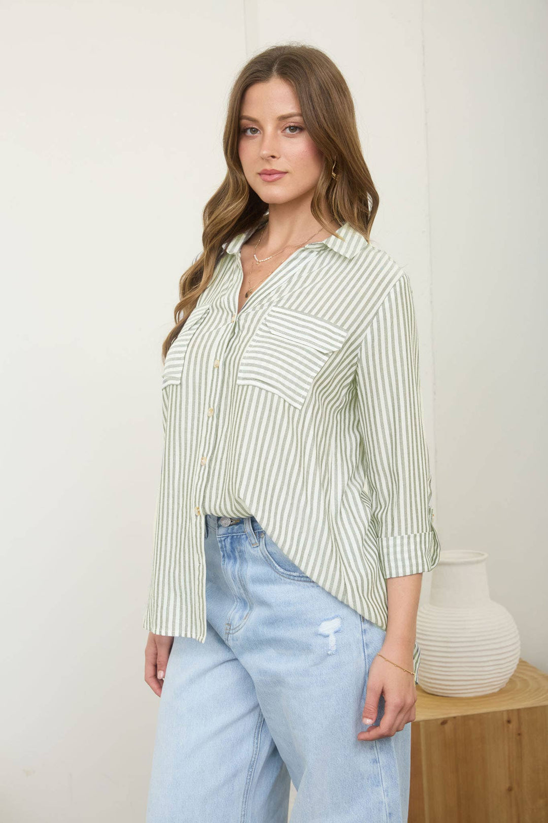Women's Long Sleeve - STRIPE COLLARED BUTTON DOWN LIGHTWEIGHT SHIRT - LIGHT OLIVE - Cultured Cloths Apparel