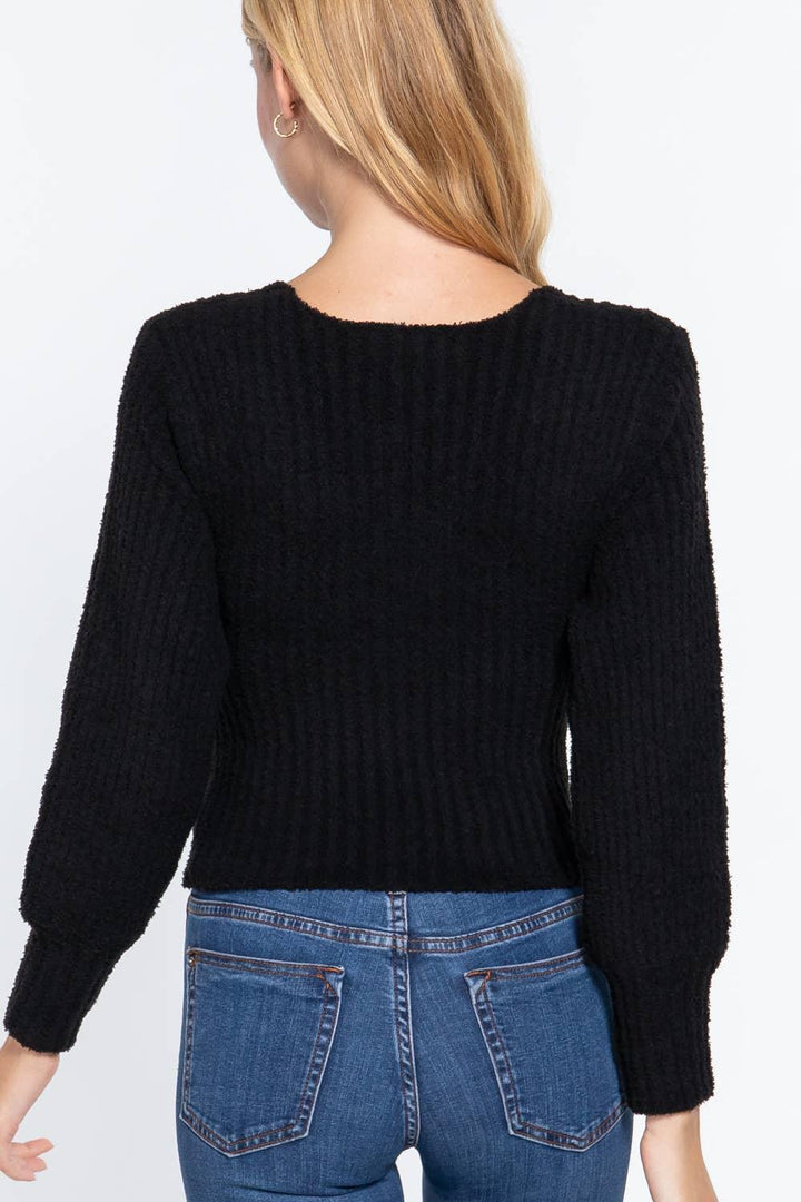 Women's Sweaters - Long Puff Sleeve V-neck Rib Sweater Top - - Cultured Cloths Apparel