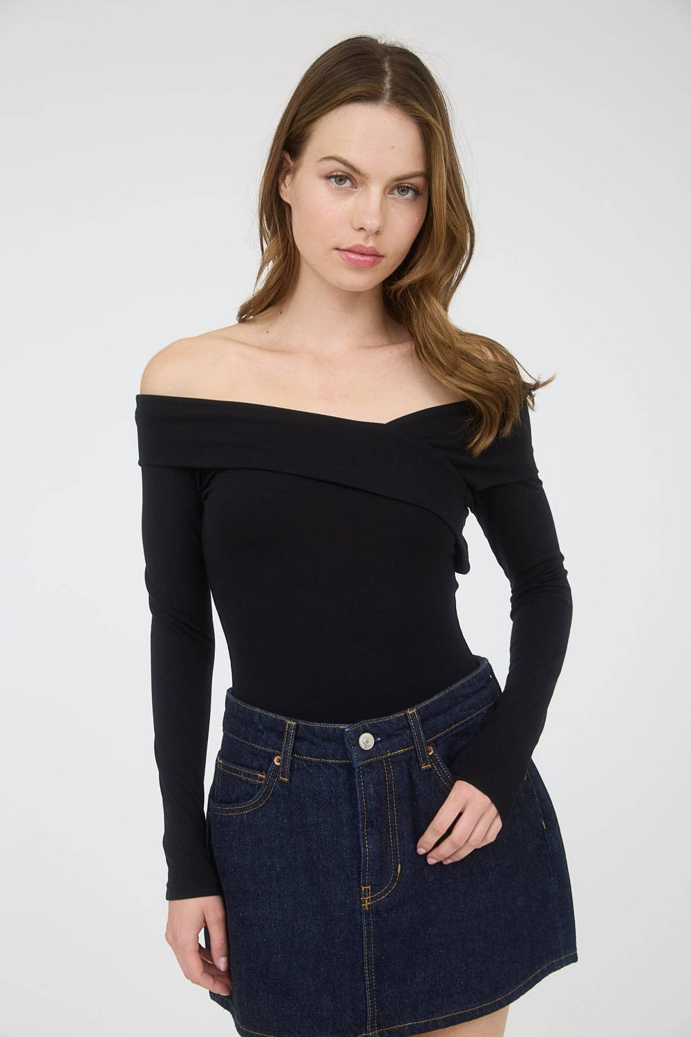Women's Long Sleeve - OFF SHOULDER WRAP DETAIL LONG SLEEVE KNIT TOP - BLACK - Cultured Cloths Apparel
