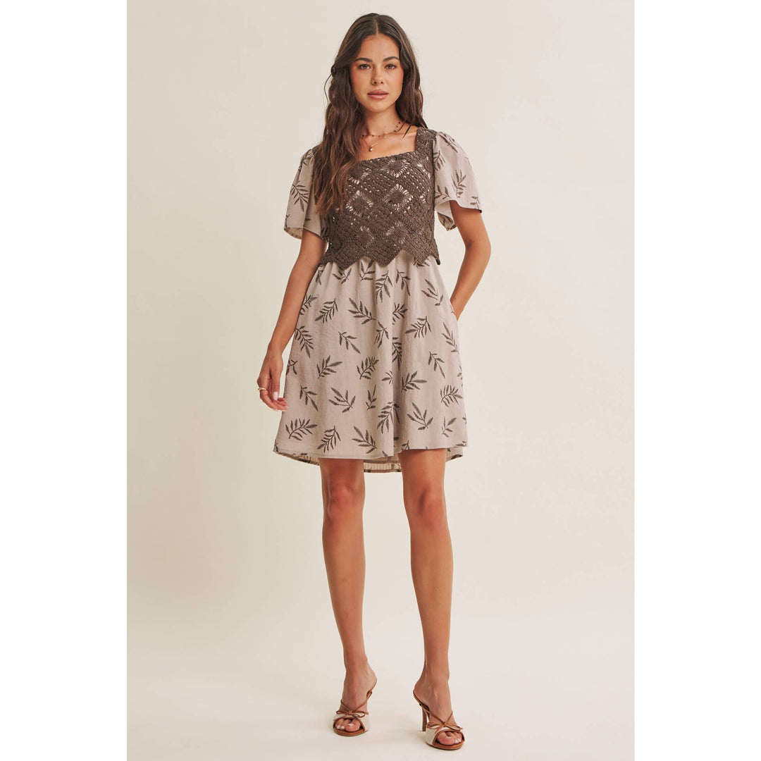 Women's Dresses - ARTISAN CROCHET FERN PRINT SMOCKED BABYDOLL MINI DRESS - - Cultured Cloths Apparel