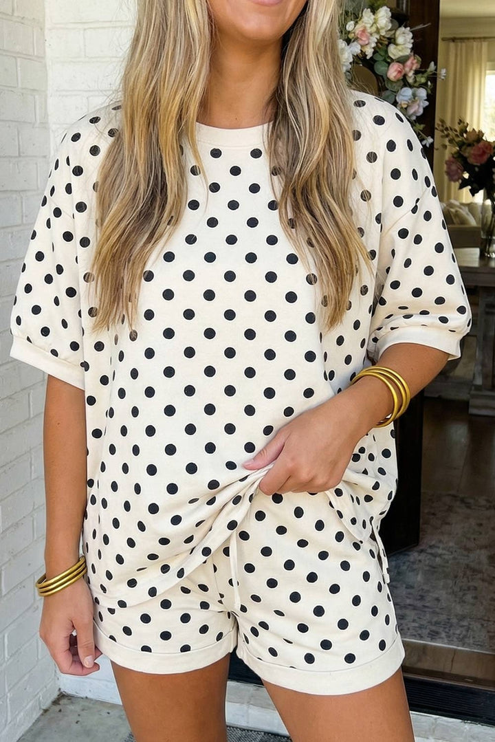 Polka Dot Print Top Drawstring Shorts Set (S-XL)