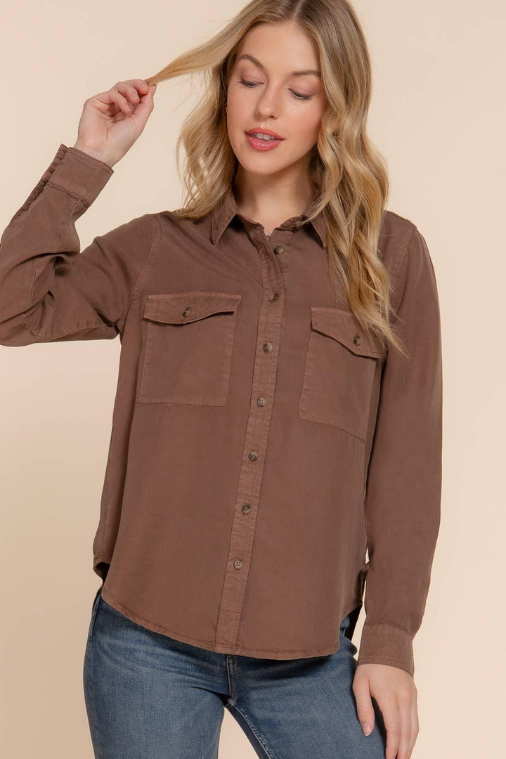 Women's Long Sleeve - Long Sleeve Color Tencel Shirt - - Cultured Cloths Apparel
