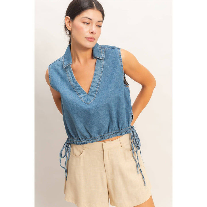 Women's Short Sleeve - Collared V-Neck Drawstring Tank - SMALL - Cultured Cloths Apparel