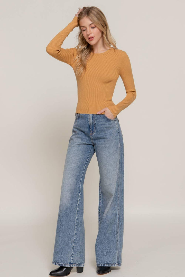 Long Sleeve Crew Neck Viscose Rib Sweater