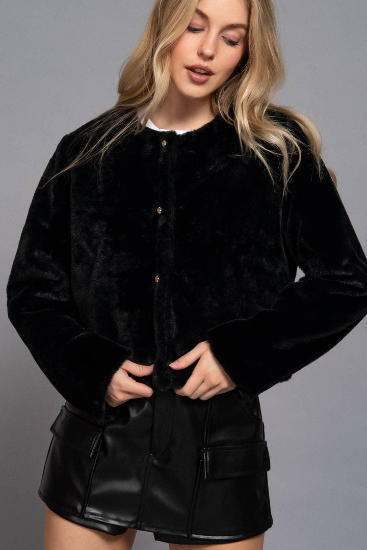 Outerwear - Long Sleeve Round Neck Faux Fur Crop Length Blazer - BLACK - Cultured Cloths Apparel