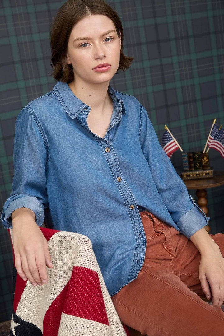 Women's Long Sleeve - CHAMBRAY COLLARED 3/4 TAB SLEEVE BUTTON DOWN SHIRT - CHAMBRAY - Cultured Cloths Apparel