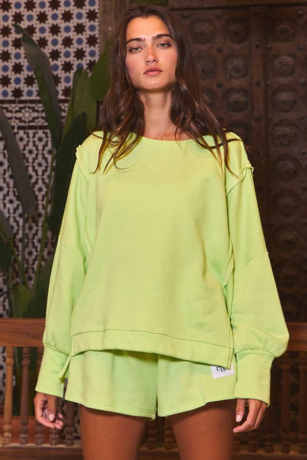 T2369 Raw Edge Detail Hi-Low Hem Solid Terry Top