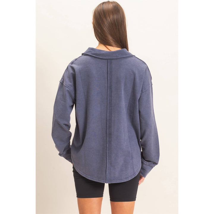 Mineral Washed Polo Collar Long Sleeve Top