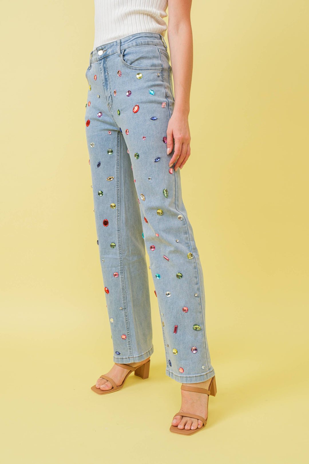 Denim - 23989P Mid Rise Rainbow Jewel Embellished Denim Jeans - - Cultured Cloths Apparel