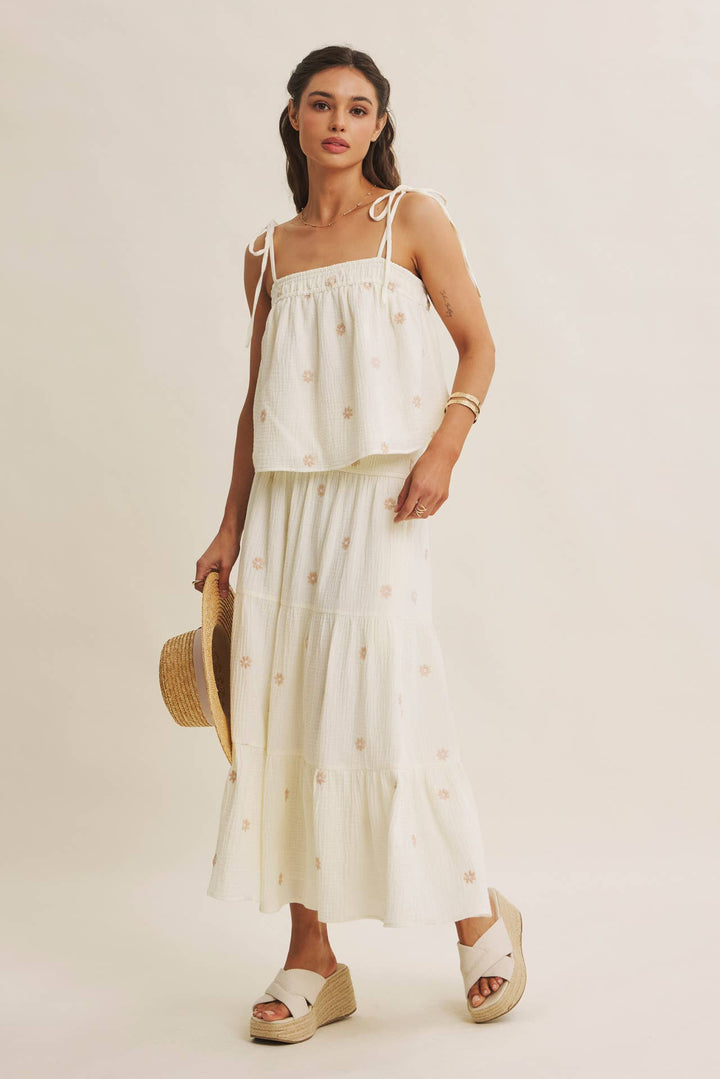 SUNSET FIELD EMBROIDERED COTTON GAUZE SMOCKED MIDI SKIRTS