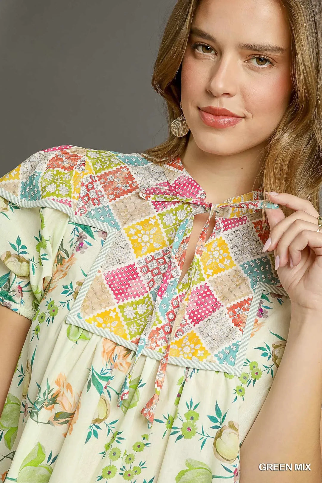 Women's Dresses - Umgee Floral Print Tie Neck Puff Sleeve Dress - - Cultured Cloths Apparel